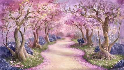 a painting of a path with a path that has pink flowers on it