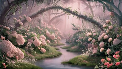 landscape in spring, a stream runs through a forest with flowers and trees