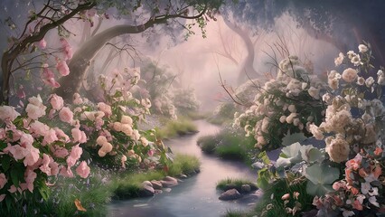 morning in the forest, a stream runs through a forest with flowers and trees