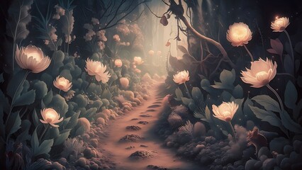 landscape with trees and flowers