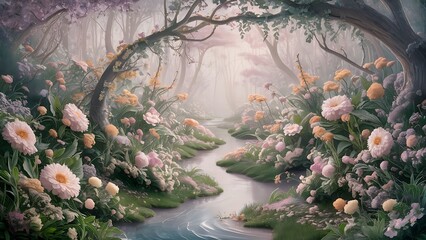 a stream runs through a forest with flowers and trees