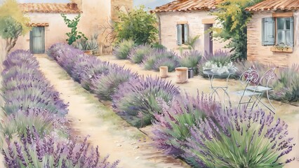 a painting of a garden with lavender plants and a house., lavender field region
