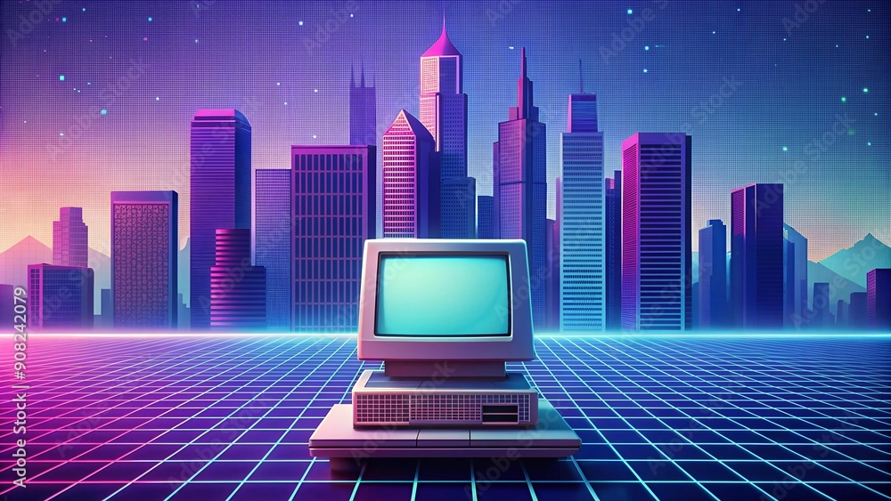 Poster pixelated dreams: a retro halftone computer in a futuristic cityscape generative ai