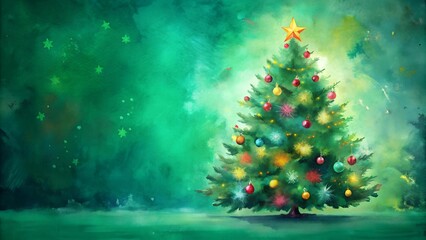 Bold Watercolor Christmas Tree on a Emerald Green Background - Festive Holiday Statement  Generative AI