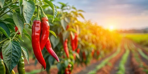 Chili growing on plant with chili field in the background, spicy, red, leaves, farming, landscape, growth, plant, food, vegetable, harvest, horizon, natural, rural, organic