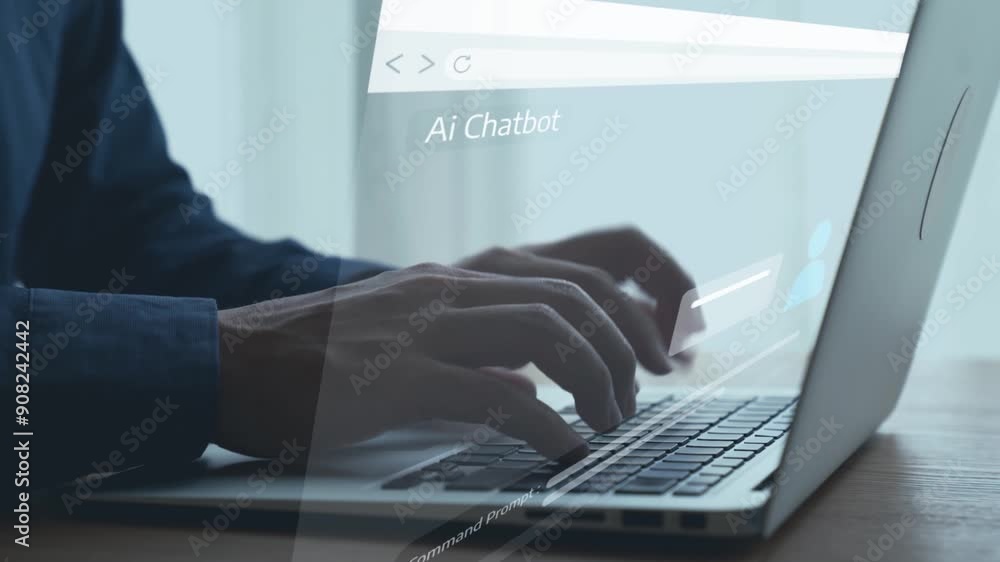 Poster human interact with ai artificial intelligence virtual assistant chatbot in concept of ai artificial