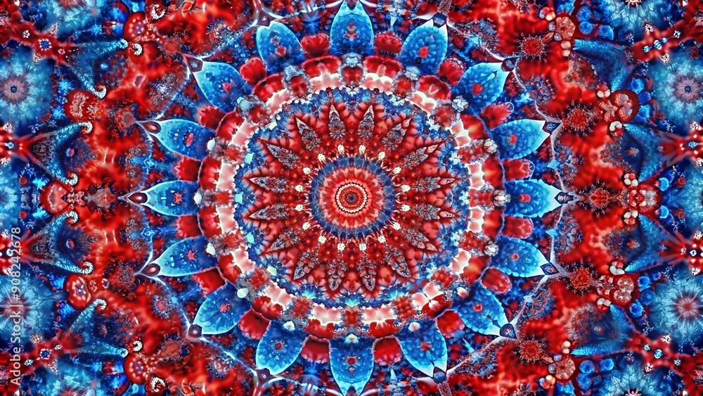 Poster crimson and azure in a kaleidoscope of textures: a multi-sensory experience generative ai