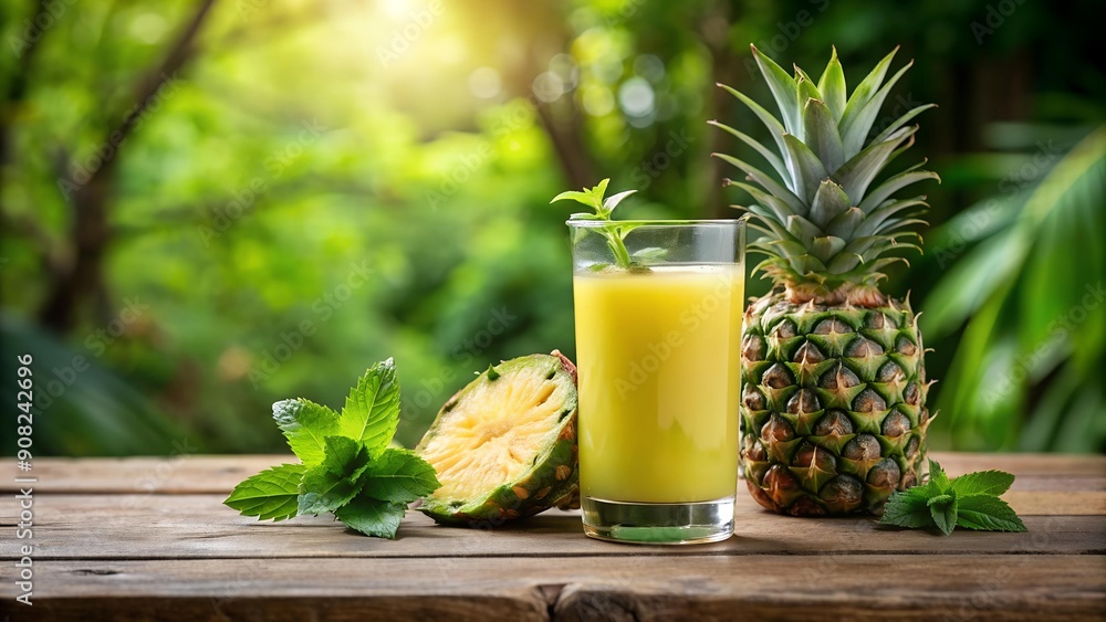 Poster pineapple paradise: freshly squeezed juice in a rustic setting generative ai