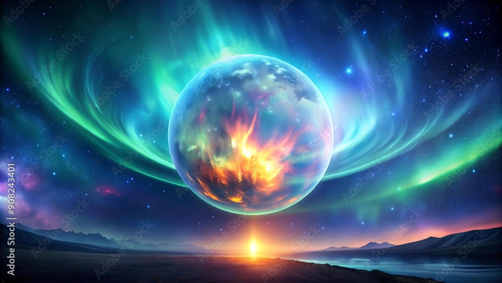 Poster cosmic fireball with aurora borealis generative ai