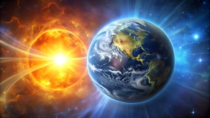 Fototapeta premium Cosmic Canvas: Earth and Sun in a Masterpiece of Light and Motion Generative AI