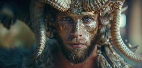 Obraz premium Captivating Studio Portrait of a Horned Ram Goddess with Ethereal Beauty and Modern Makeup Creating Fantasy Art in a Still Image