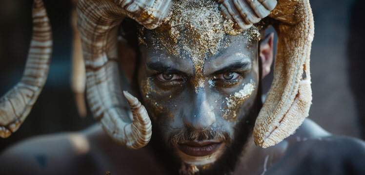 Mystical Horned Ram Goddess: Ethereal Studio Portrait of a Beautifully Hairy Humanoid with Modern Makeup and Gold Glitter from Fantasy Film - Powered by Adobe