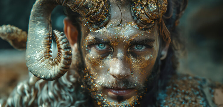 Enchanting Horned Ram Goddess: Ethereal Demoness in Modern Makeup and Gold Glitter - Stunning Studio Portrait of a Beautifully Hairy Humanoid Fantasy Art