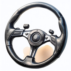A 3-spoke, leather-wrapped racing steering wheel with woodgrain accents and a metal center hub