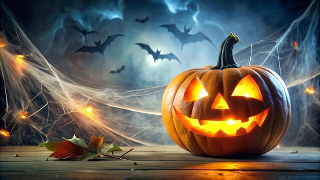 Glowing Jack-O'-Lantern Banner with Cobwebs and Bats  AI Generated
