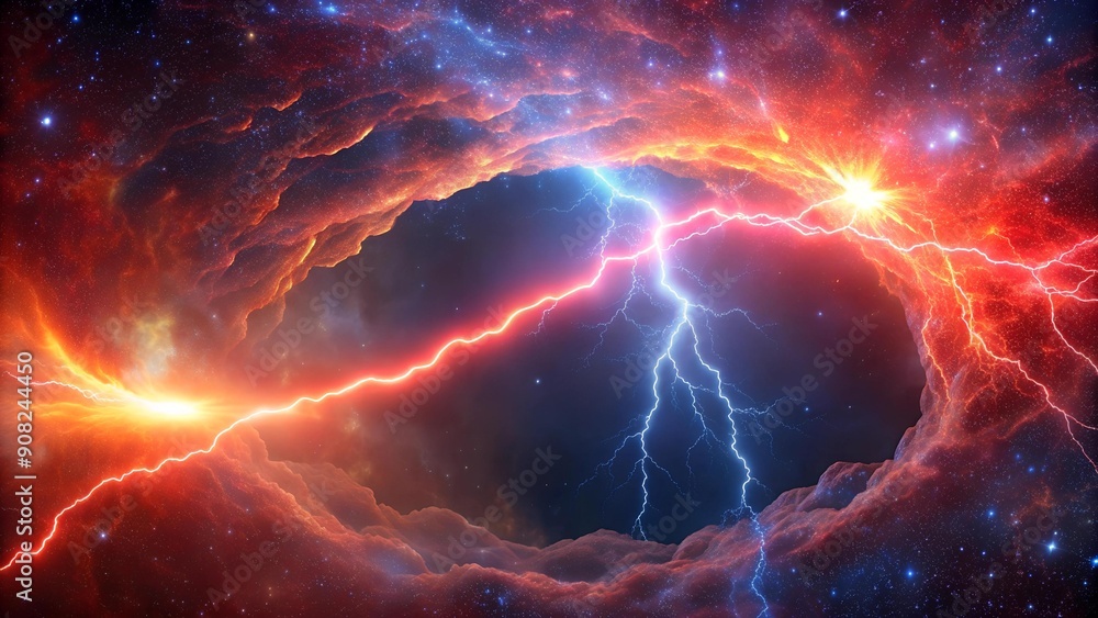 Poster red lightning bolt arcing through a glowing nebula generative ai