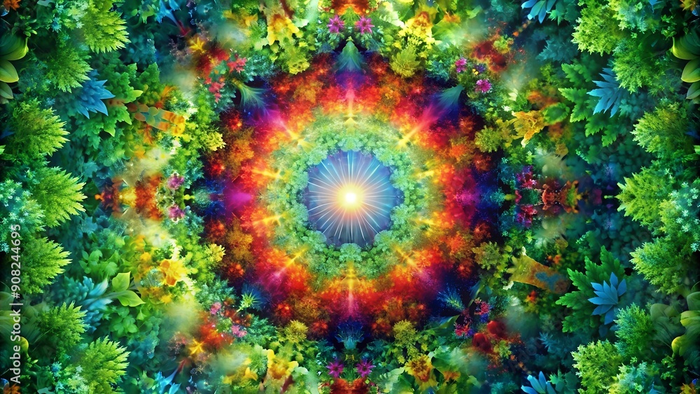 Poster chromatic symphony: a kaleidoscope of colors exploding from a lush green oasis ai generated