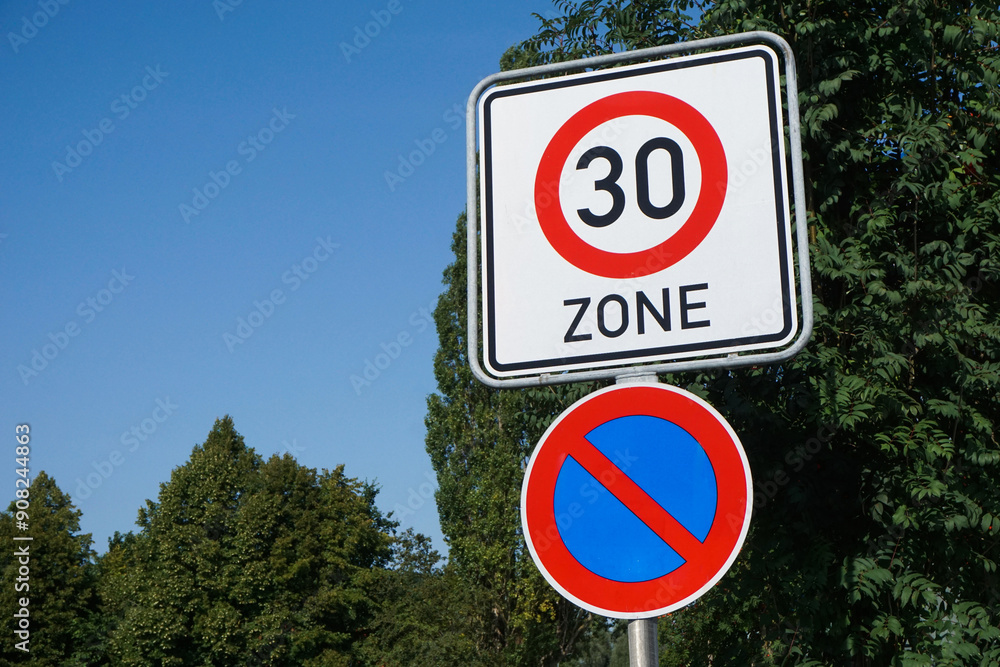 Wall mural road sign indicating zone 30 and no parking on a single pole. traffic regulation signs for speed lim