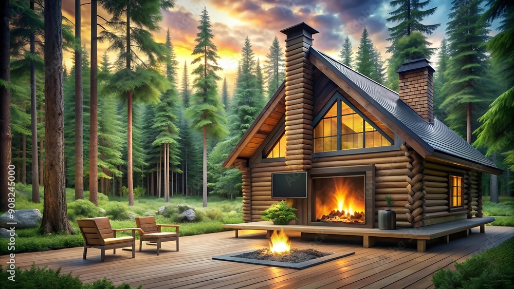Aufkleber forest's embrace: a rustic cabin with integrated smart features generative ai