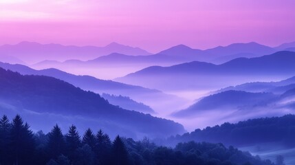 Obraz premium Mountain foggy landscape. mountains shrouded in purple fog