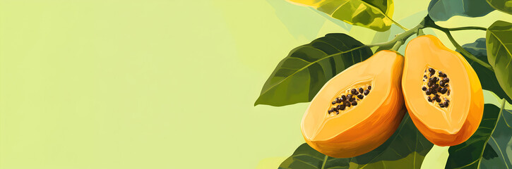 Ripe pawpaw fruit web banner. Pawpaw illustration isolated on green background with copy space.