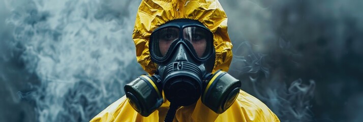 Naklejka premium Chemical Worker in Yellow Protective Suit and Gas Mask Producing Sulfuric Acid for Industrial Use
