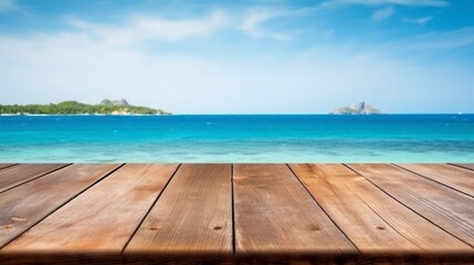 Fototapeta premium Wood table top on blur beach background