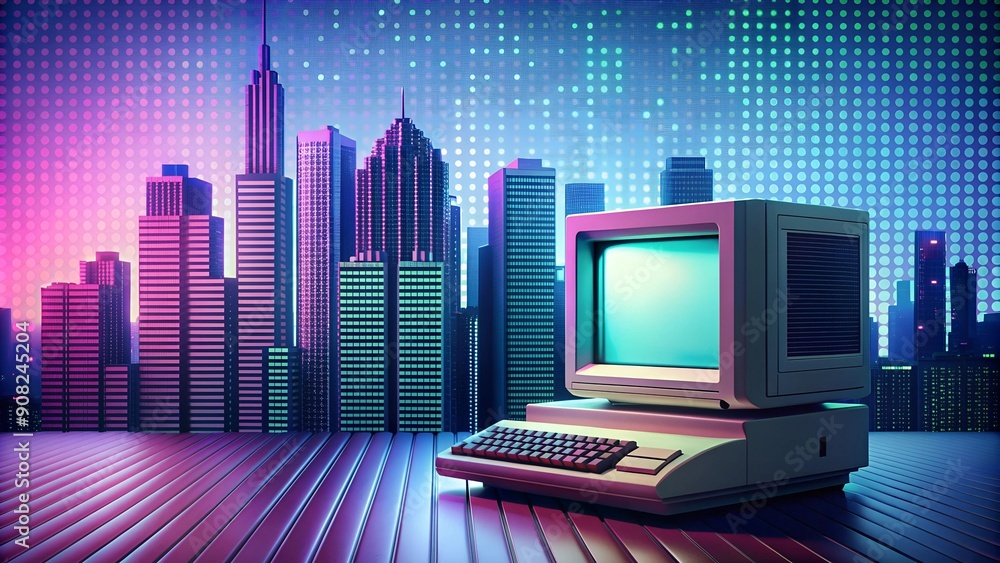 Poster pixelated dreams: a retro halftone computer in a futuristic cityscape ai generated