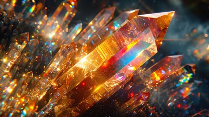Fototapeta premium Crystal-clear image showing light refracting through a crystal, producing a spectacular prismatic effect with rich color dispersion, set against a black background to accentuate the vivid colors and