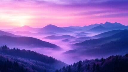 Obraz premium Mountain foggy landscape. mountains shrouded in purple fog