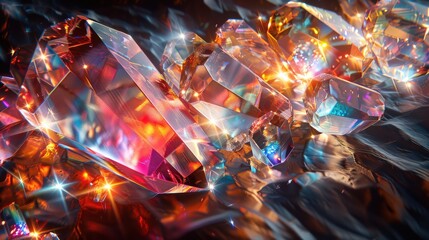 Crystal-clear image of light passing through a crystal, showcasing a prismatic effect with detailed color dispersion, set against a stark black background to highlight the vibrant and intricate