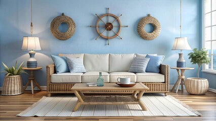 Coastal Living Room with Nautical Wall Decor  Generative AI