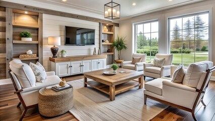 Modern Farmhouse Living Room with Reclaimed Wood Coffee Table and White Armchairs  generative AI