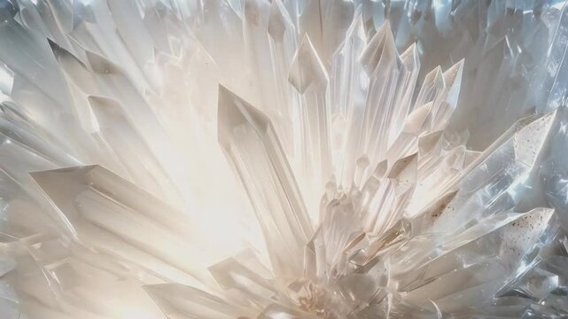 The close-up video features a radiant cluster of clear quartz crystals, each exhibiting sharp, defined points. Captured under bright lighting, the crystals sparkle, showcasing their natural beauty
