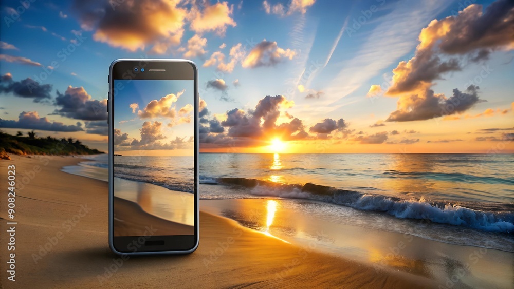 Poster searchgpt on a vibrant sunset beach: a conceptual illustration of openai's search technology on a sm