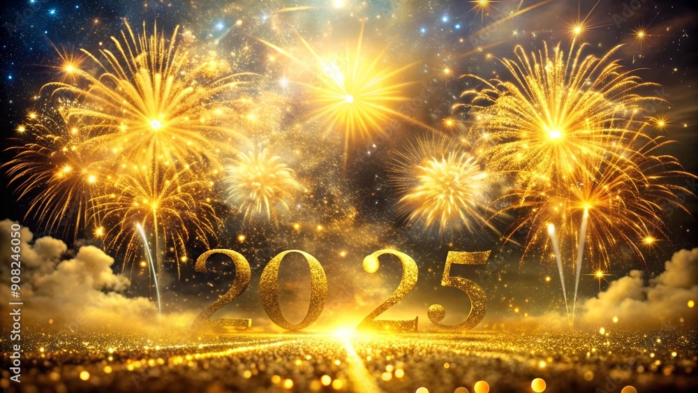 Poster golden radiance: 2025 illuminates the sky with a display of fireworks and confetti generative ai