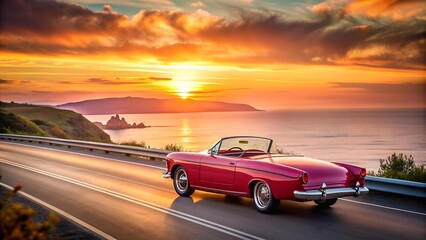 Crimson Sunset Cruise: A Vintage Pink Convertible Under a Fiery Sky  generative AI