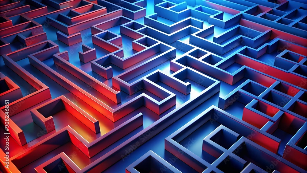 Poster crimson and azure in a digital labyrinth: a maze of abstract form ai generated
