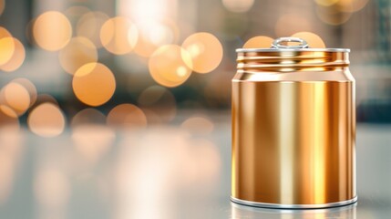 Fototapeta premium Elegant golden tin can against a blurred bokeh background, showcasing luxury and simplicity in a modern container design.