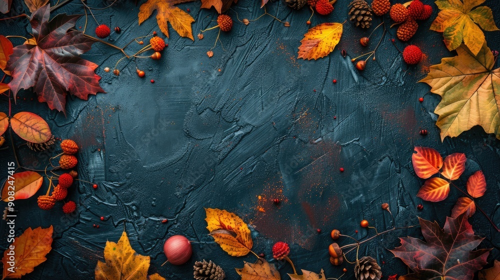 Poster autumn themed border with vibrant leaves and natural elements on dark rustic background top view wit