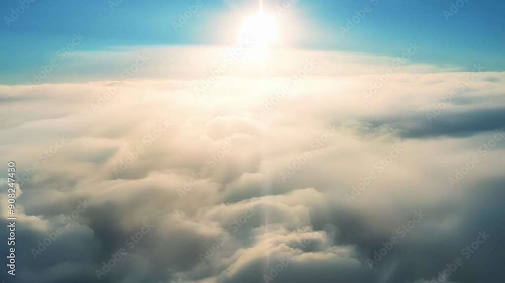 Poster the suns rays peek through the soft billowy clouds casting a warm glow over the endless blue canvas 