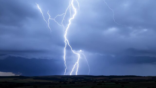 Jagged streaks of lightning punctuate the rolling storm clouds casting an ominous glow over the landscape.