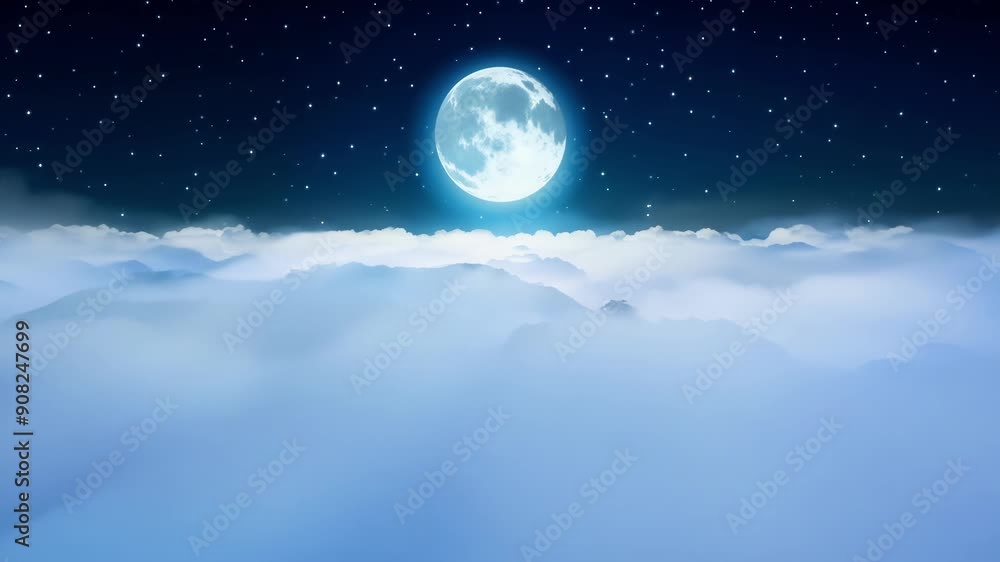 Poster the moons luminous path guides us through a sea of clouds as if flying through a mystical and otherw