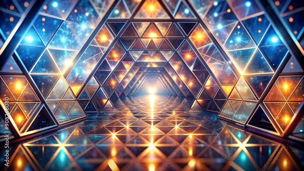 Poster echoes of light: triangles and circles reflecting the infinite ai generated