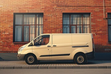 Fototapeta premium A white van is parked in front of a brick building, providing a clean and simple urban scene
