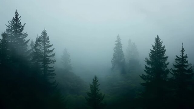 Trees standing tall in the distance shrouded in a layer of mist that makes them seem otherworldly and mysterious.