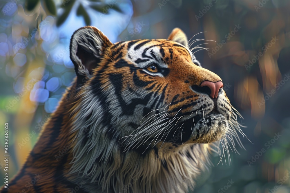 Poster close-up of a tiger's face with trees visible in the background, perfect for wildlife or nature-them