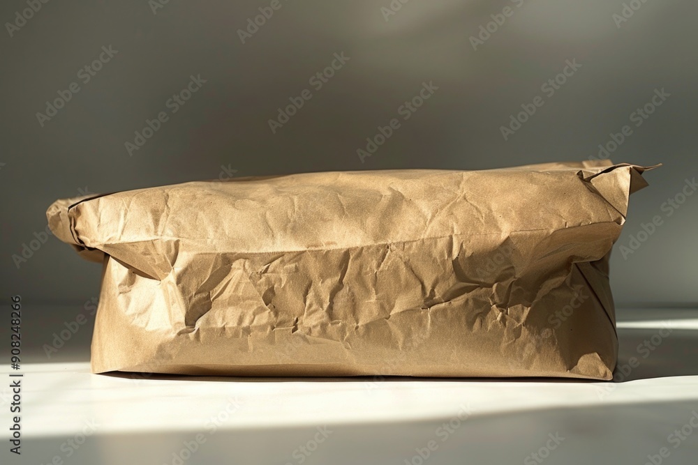 Poster a brown paper bag sitting on a table with no context, could be used as a prop in various scenes