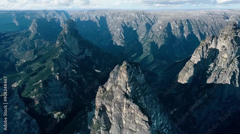 Poster a birds eye view captures the impressive scale of the mountain shadows cascading down the steep clif