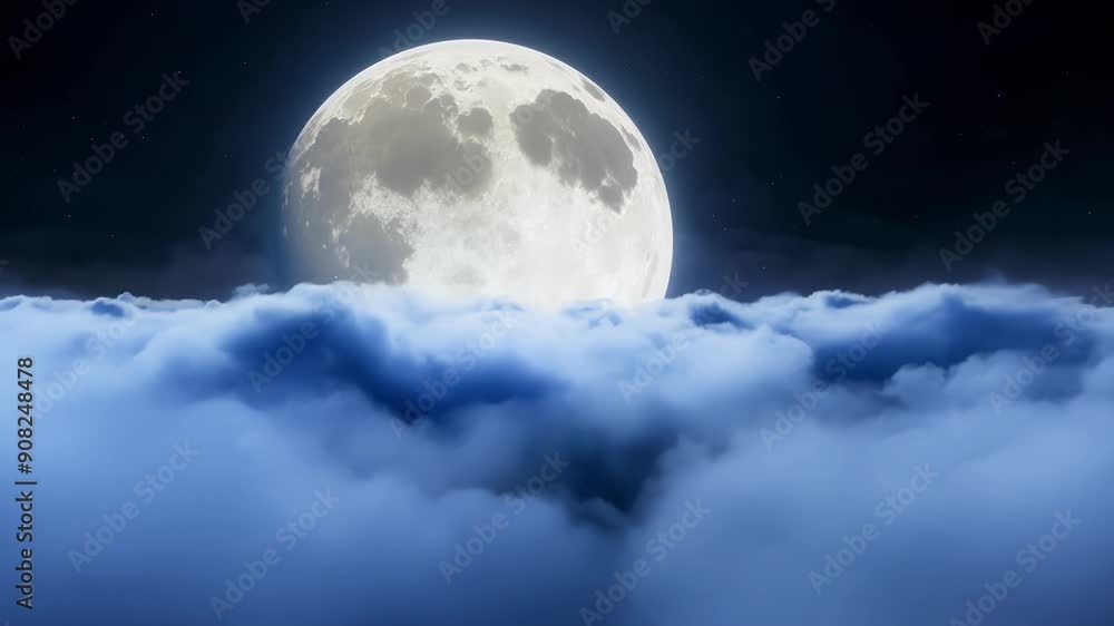 Poster navigating through layers of dense clouds a bright full moon guides the way.